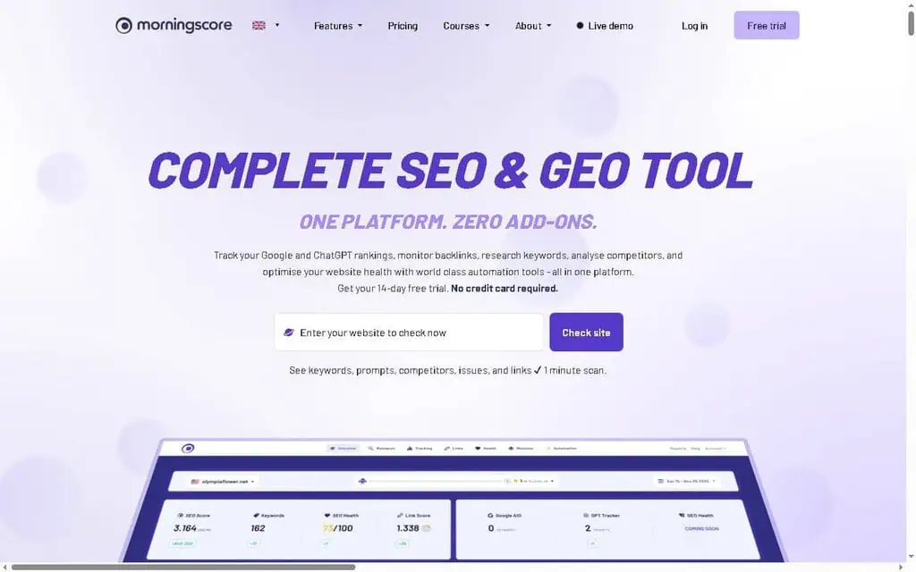 Morningscore SEO tool dashboard showing keyword rankings and site health score