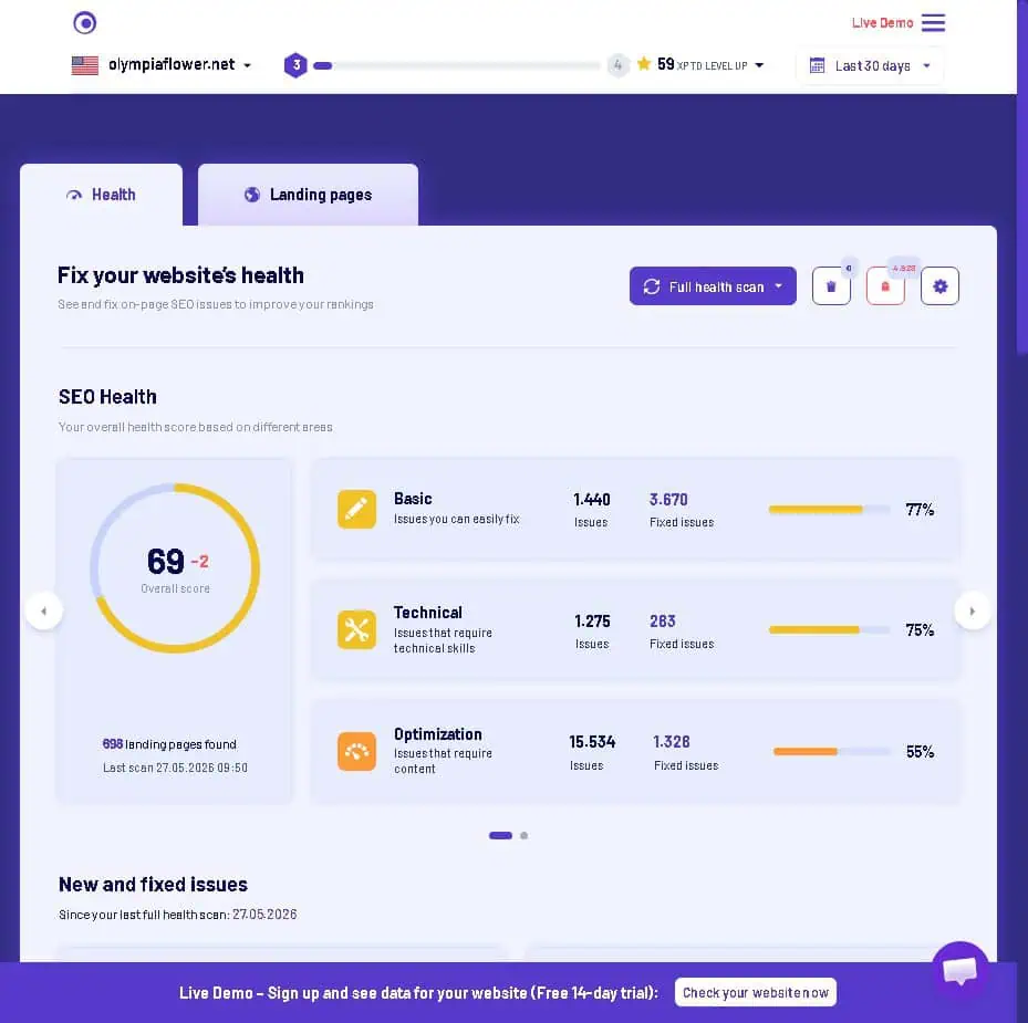 Morningscore Site Health audit showing technical SEO issues categorized by basic, technical, and optimization types