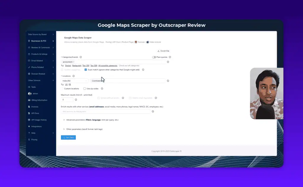 Outscraper Enrich Results panel showing email scraper, phone lookup, WhatsApp checker and other enrichment options