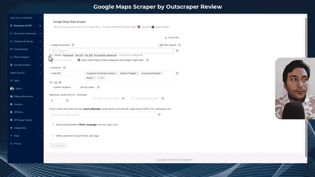 Outscraper category input with suggestions and Exact Match checkbox for precise business type filtering