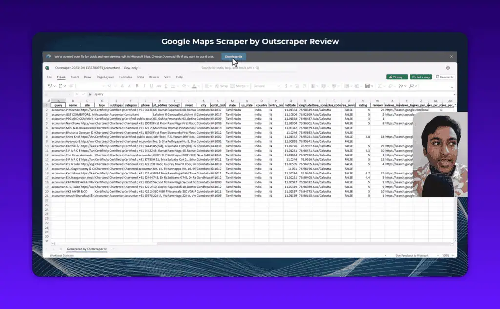 Outscraper exported XLSX spreadsheet with columns for business name, category, phone, address, coordinates, rating and reviews