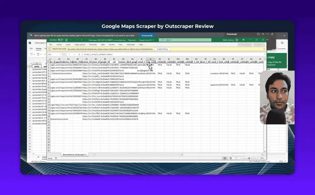Outscraper enriched output spreadsheet showing discovered emails with validation status, DNS and SMTP check columns