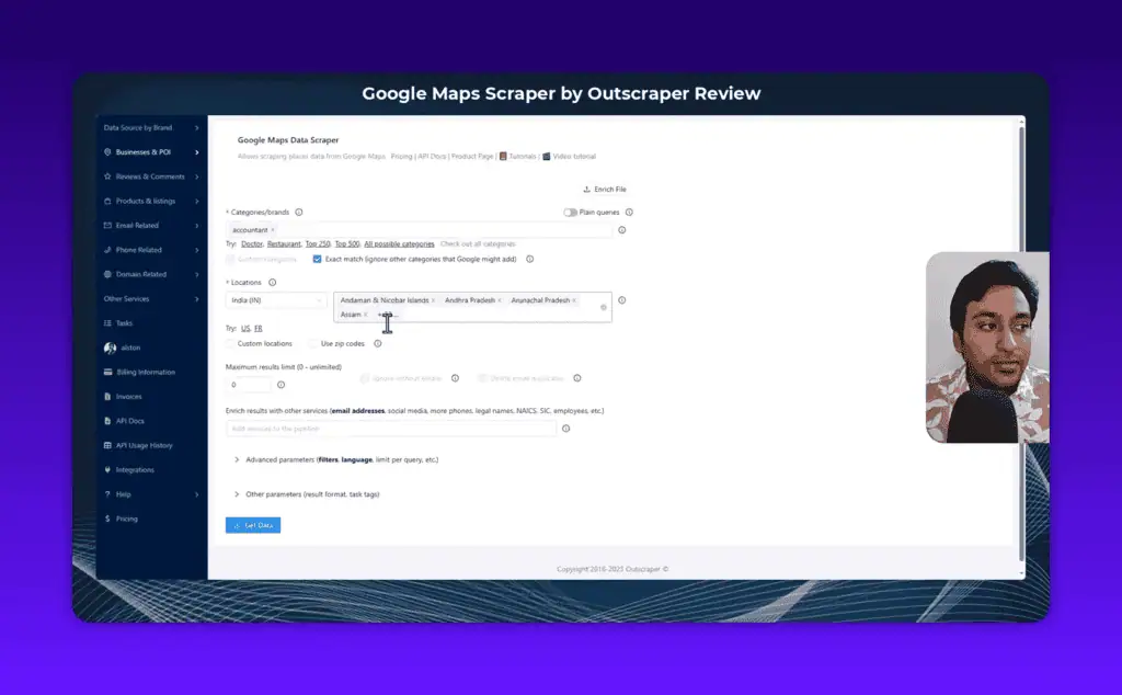 Outscraper location filter with India selected showing state-level targeting options