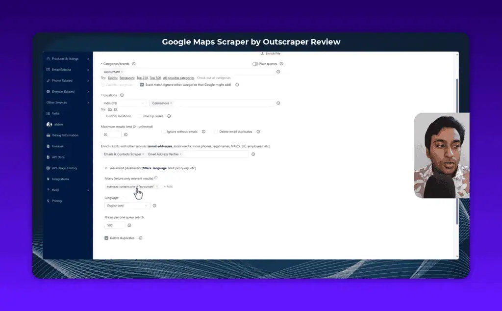 Outscraper advanced parameters showing subtype filter, language setting and places-per-query option