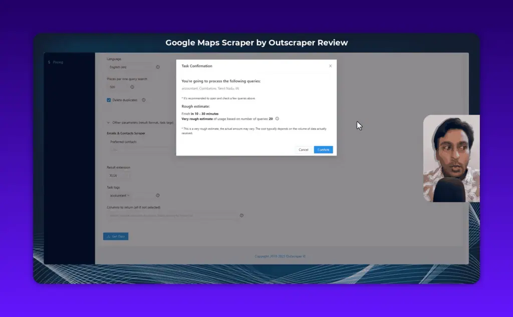 Outscraper task confirmation modal showing query details, estimated finish time and credit usage before confirming