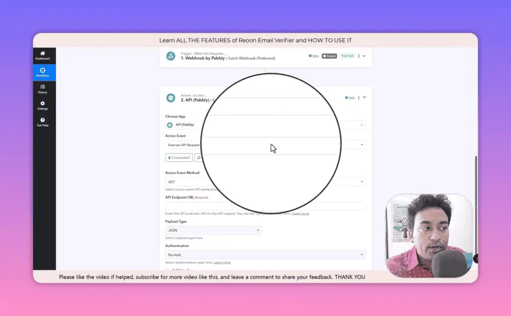 Pabbly Connect workflow using Reoon Email Verifier API with GET endpoint for automated email validation