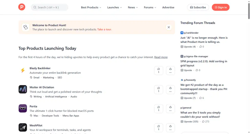 Product Hunt homepage showing the daily ranked launch leaderboard