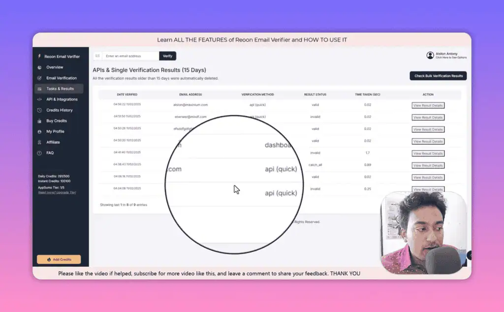 Reoon API verification results table showing all API calls with validation status in the dashboard