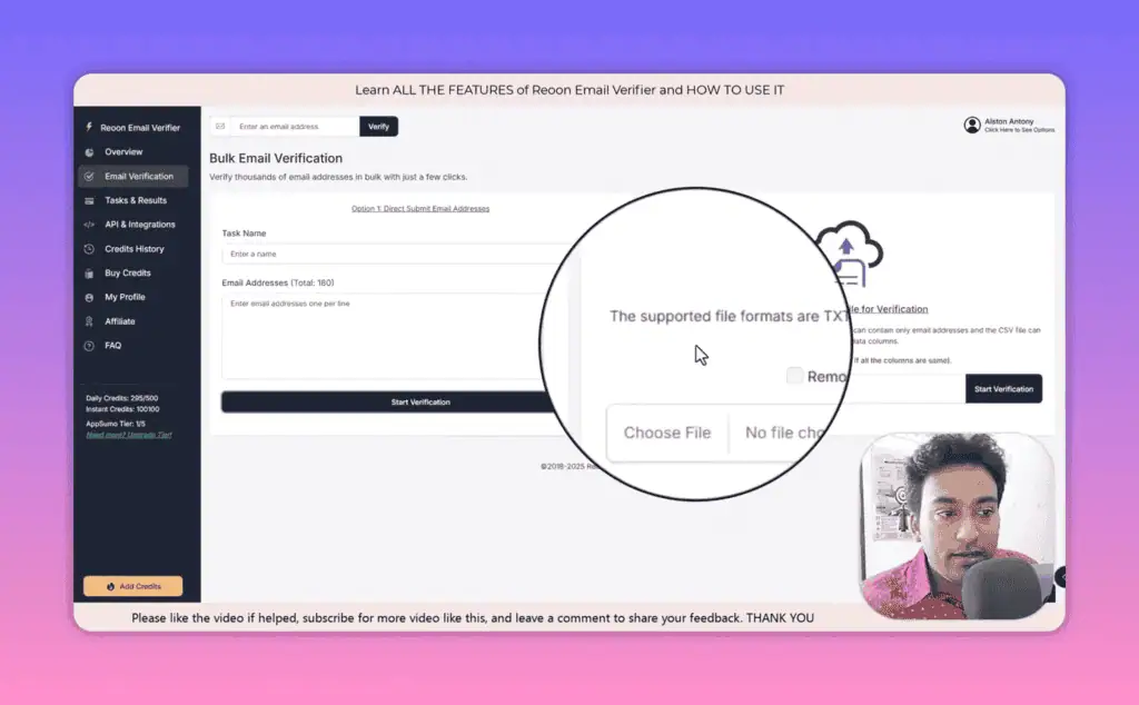 Reoon bulk email verification upload interface accepting TXT and CSV file formats with deduplication option