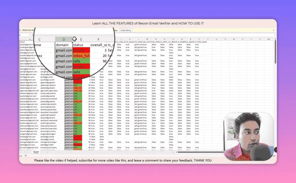 Reoon exported Excel file showing email verification results with color-coded status columns