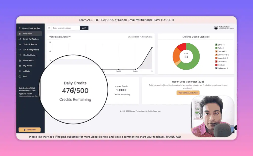 Reoon Email Verifier overview dashboard showing daily credits remaining and lifetime usage graph