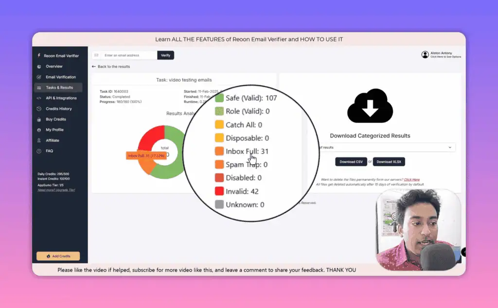 Reoon task results panel showing completed verification with Safe, Invalid and Inbox Full counts