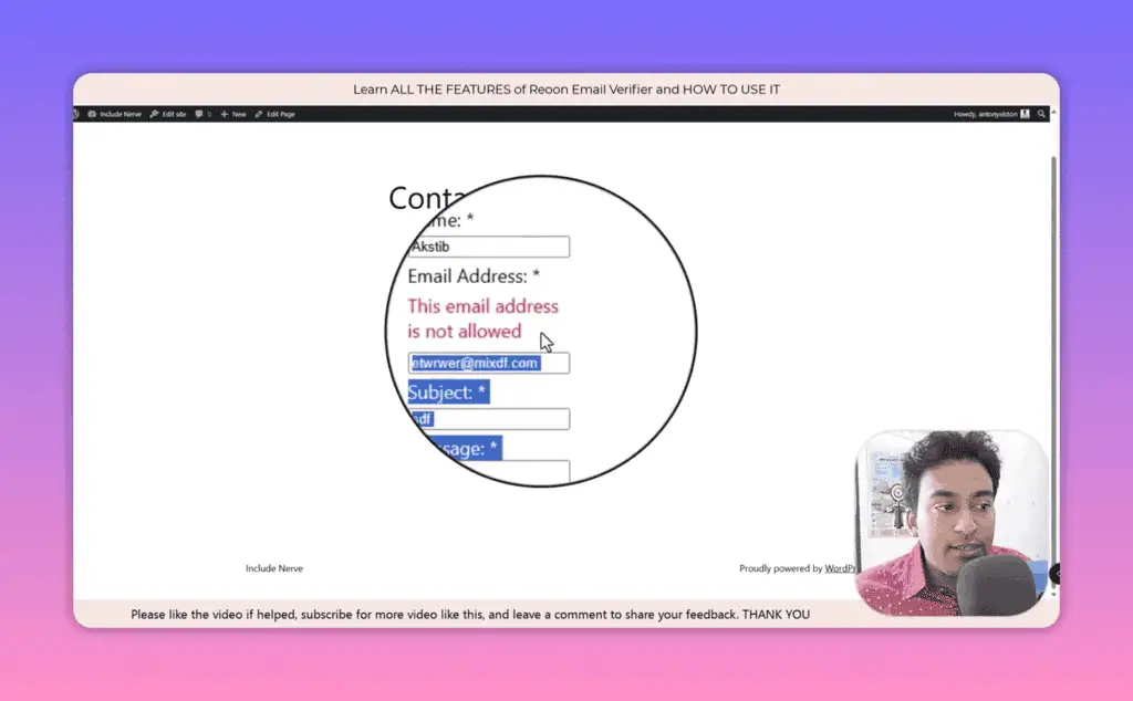 Reoon WordPress form showing custom error message when invalid email address is submitted