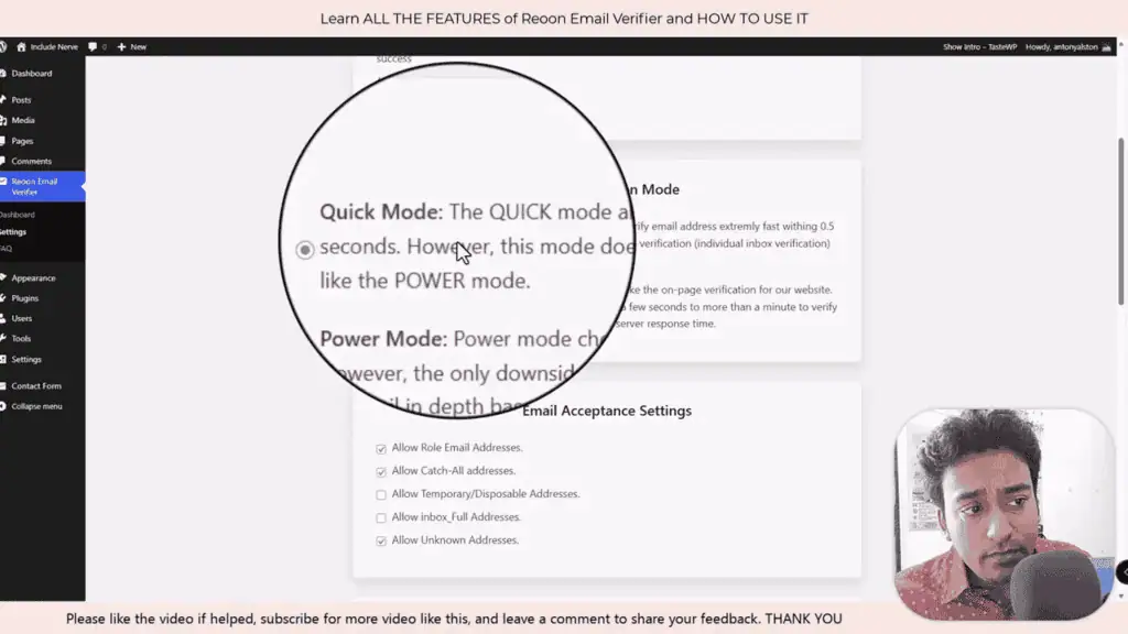 Reoon WordPress plugin settings showing Quick Mode and Power Mode verification options with form builder integrations