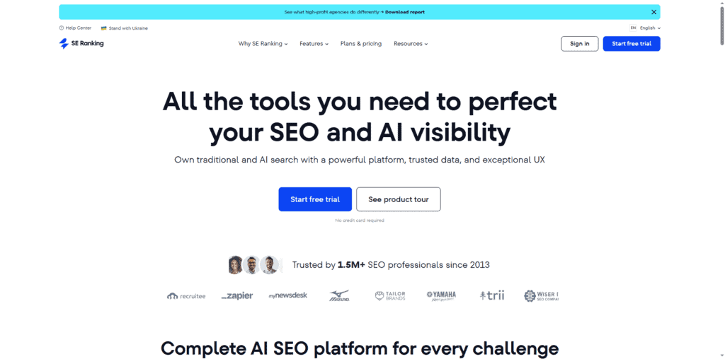 SE Ranking rank tracker showing keyword position history and SERP features