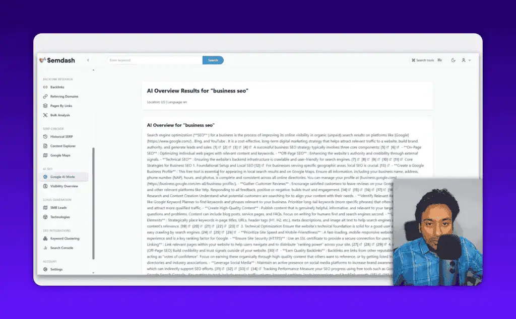 Semdash AI overview feature showing unformatted output example