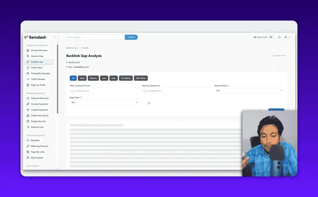 Semdash backlink gap analysis results showing competitor backlink opportunities