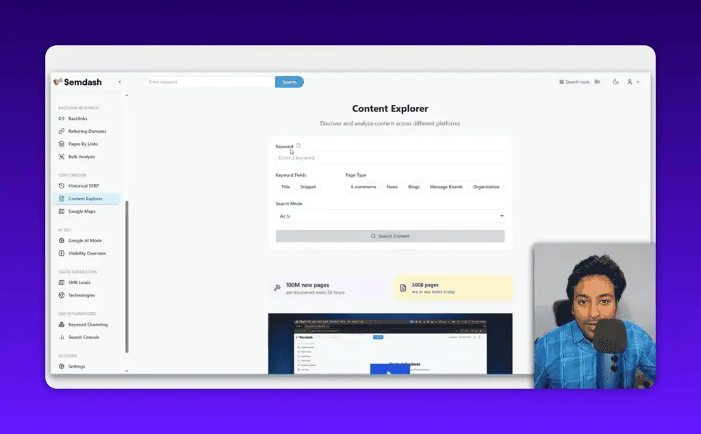 Semdash content explorer interface for discovering top-performing content
