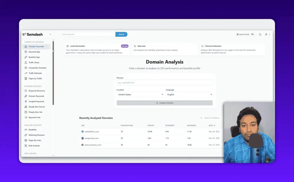 Semdash domain analysis landing page showing tool interface