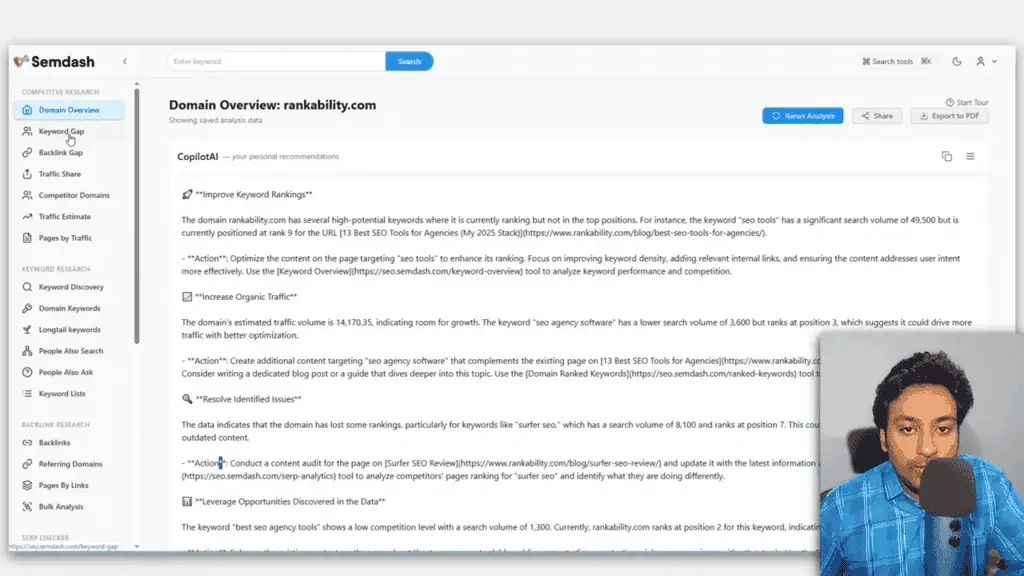 Semdash domain overview report for Copilot AI showing organic traffic metrics