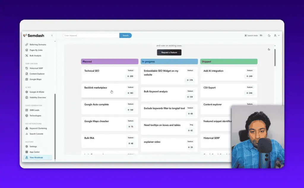 Semdash product roadmap and left navigation showing upcoming features