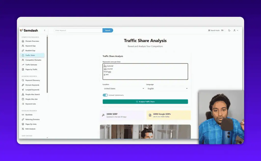 Semdash traffic share analysis showing keywords entered for competitor analysis