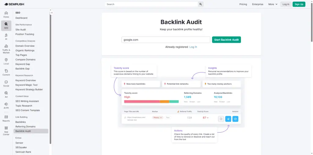 Semrush Backlink Audit tool showing toxic score and disavow recommendations