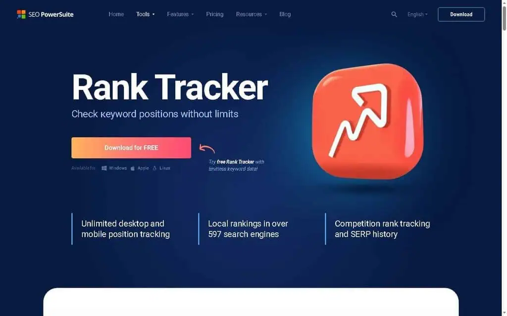 SEO PowerSuite Rank Tracker showing keyword ranking data across multiple search engines