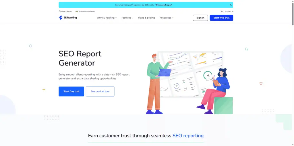 SE Ranking white-label SEO report showing client-facing metrics and rankings