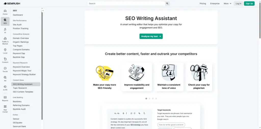 Semrush SEO Writing Assistant showing readability and SEO score in real time
