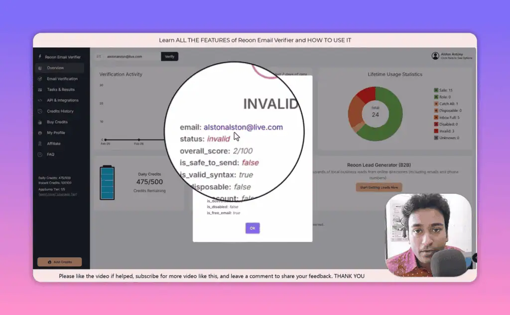 Reoon single email verification showing invalid score with multi-criteria breakdown out of 100
