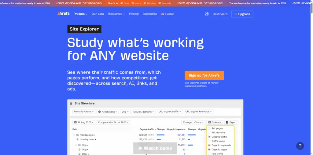 Ahrefs Site Explorer showing backlink profile, referring domains, and organic traffic