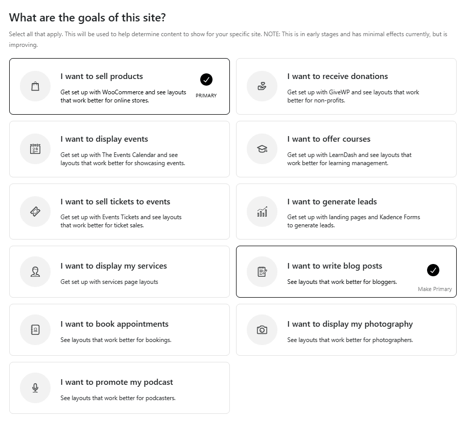 StellarSites site goals selection screen showing purpose options
