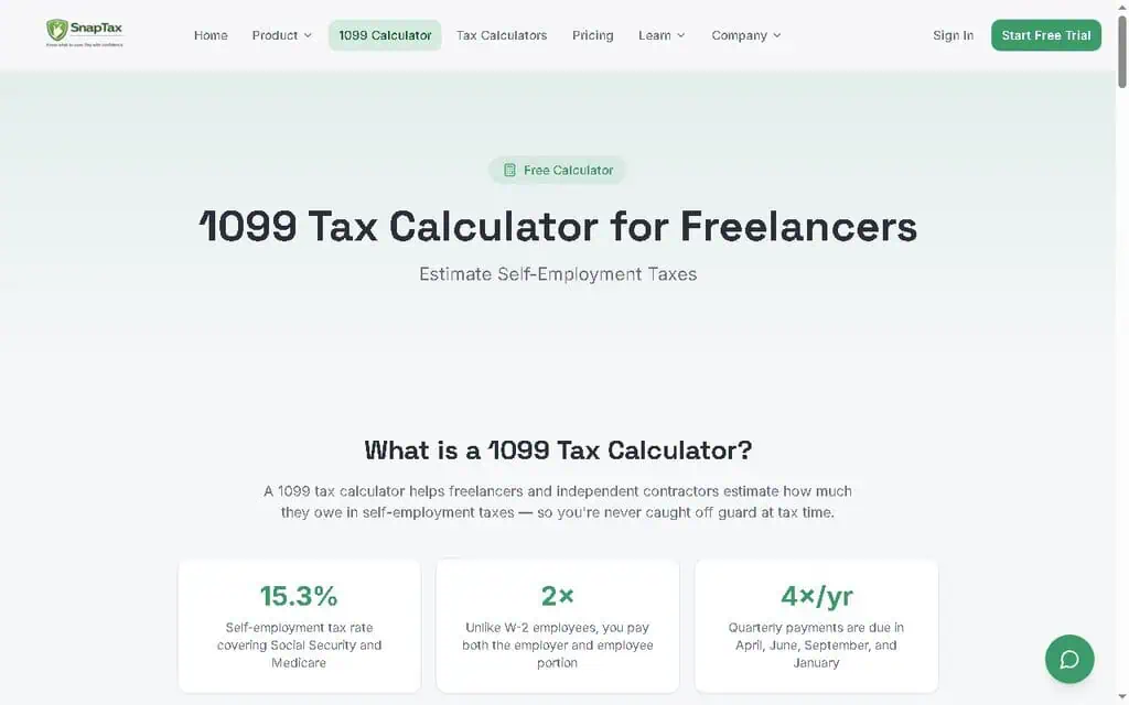 SnapTax free 1099 tax calculator estimating self-employment and quarterly taxes for freelancers