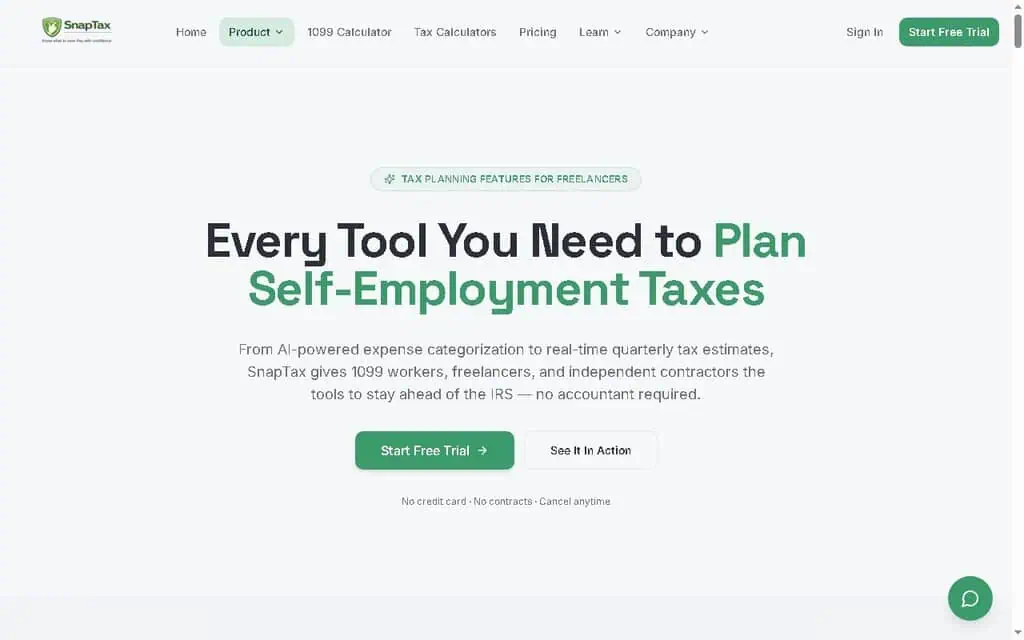 SnapTax features page showing AI expense categorization, mileage, receipts, and depreciation tools