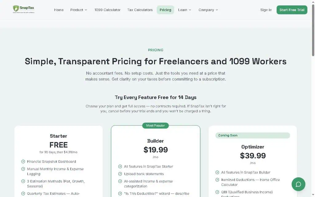 SnapTax pricing page showing Starter, Builder, and Optimizer plans for 1099 workers