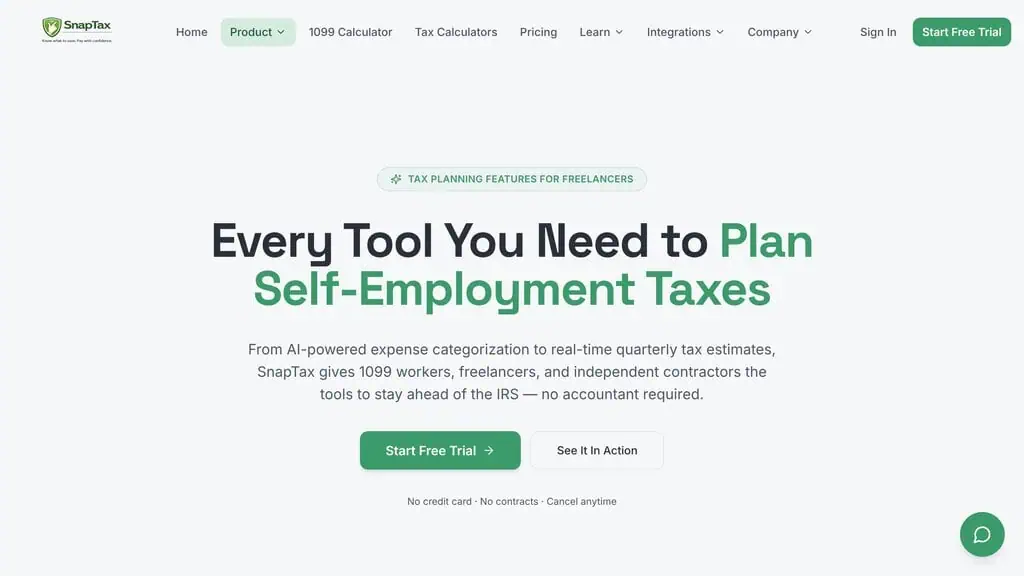 snaptaxapp.com features page with AI expense categorization, mileage tracking, and tax estimates