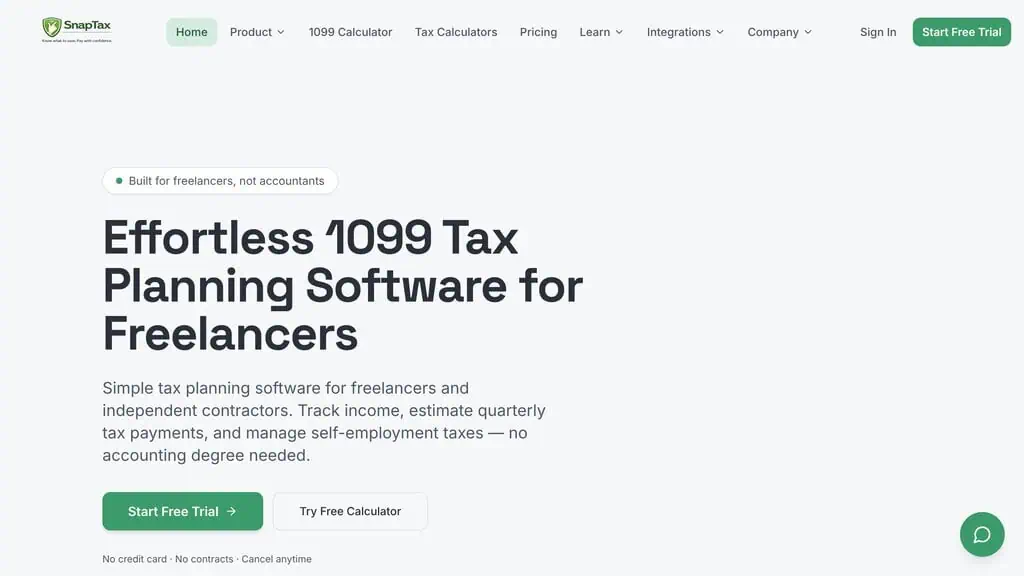 snaptaxapp.com homepage showing tax planning software built for freelancers and 1099 workers