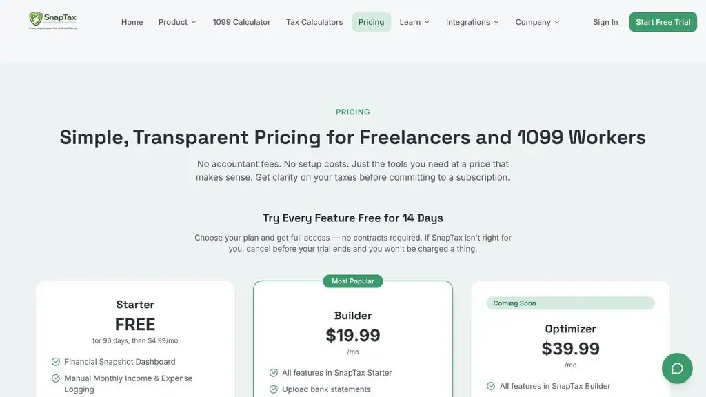 snaptaxapp.com pricing page showing Starter, Builder, and Optimizer plans for 1099 tax planning
