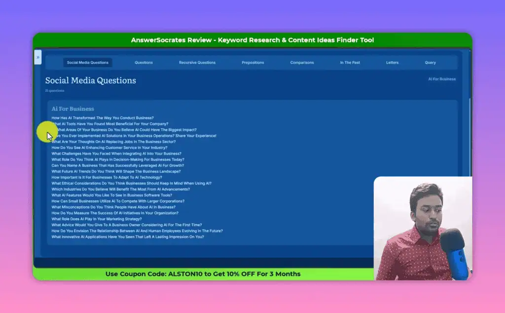 Answer Socrates social media questions section showing conversational keyword queries from social platforms
