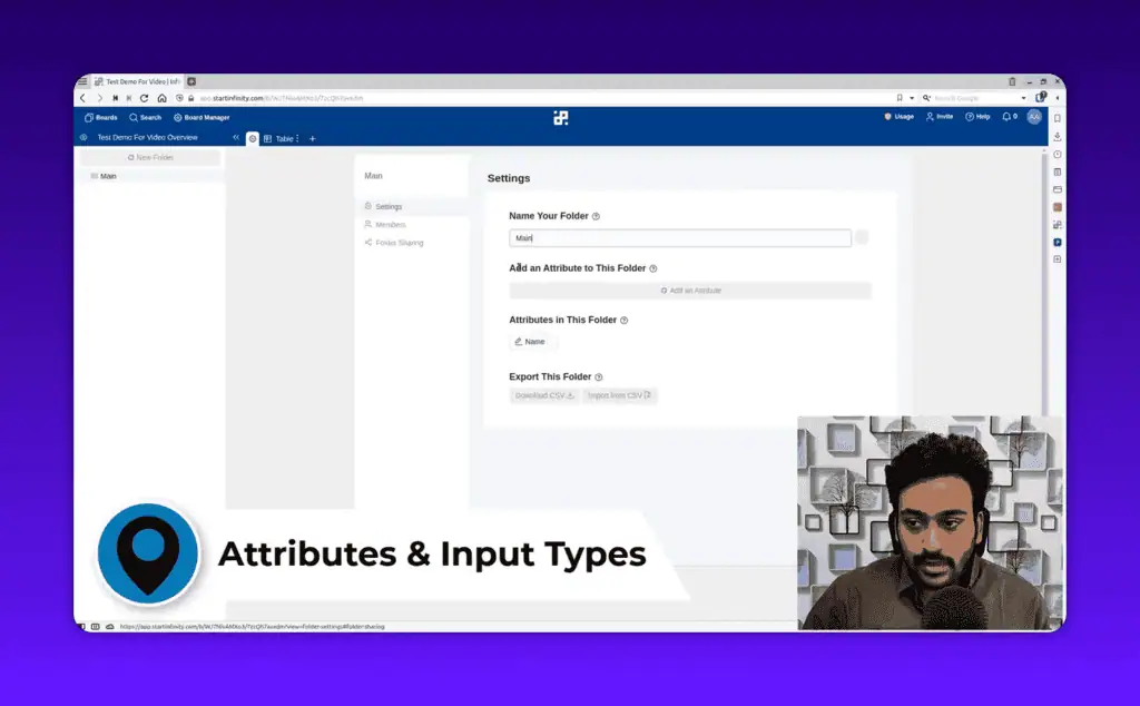Start Infinity folder settings showing attribute options including date, labels, ratings and formulas