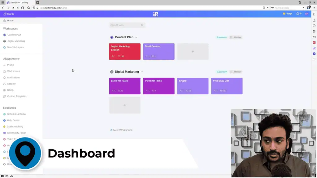 Start Infinity dashboard showing workspaces and boards overview