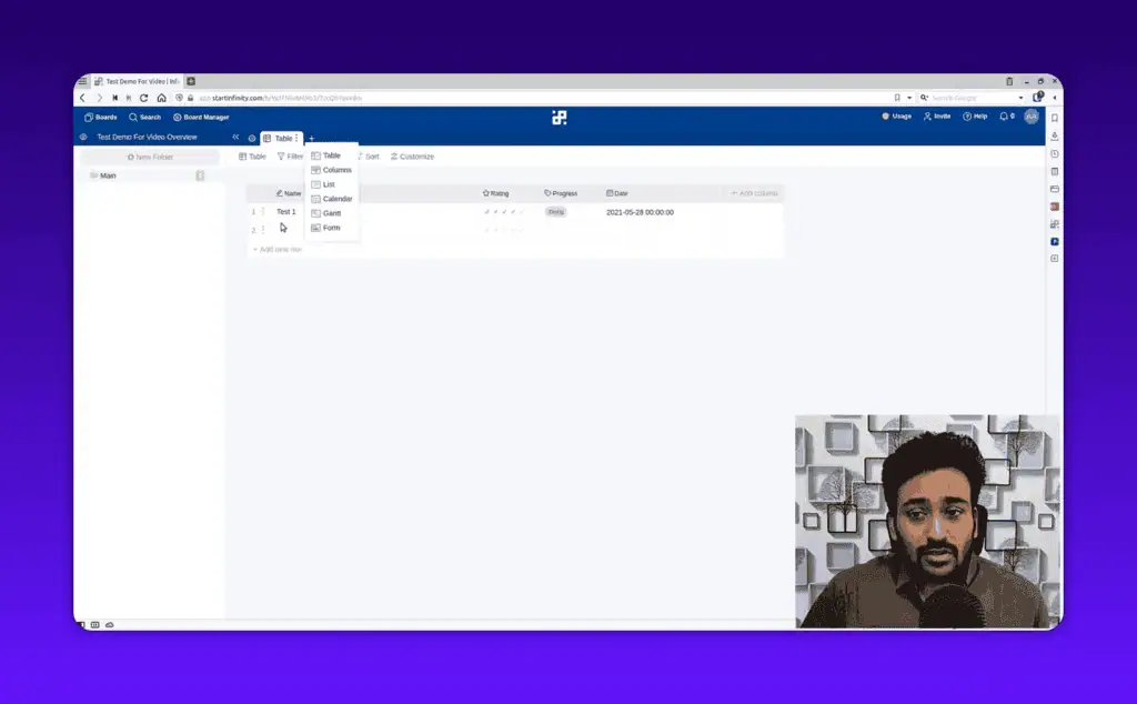 Start Infinity view menu to switch between Table, List, Calendar, Gantt and Form views