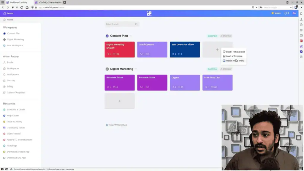Start Infinity workspace overview showing boards and team collaboration features