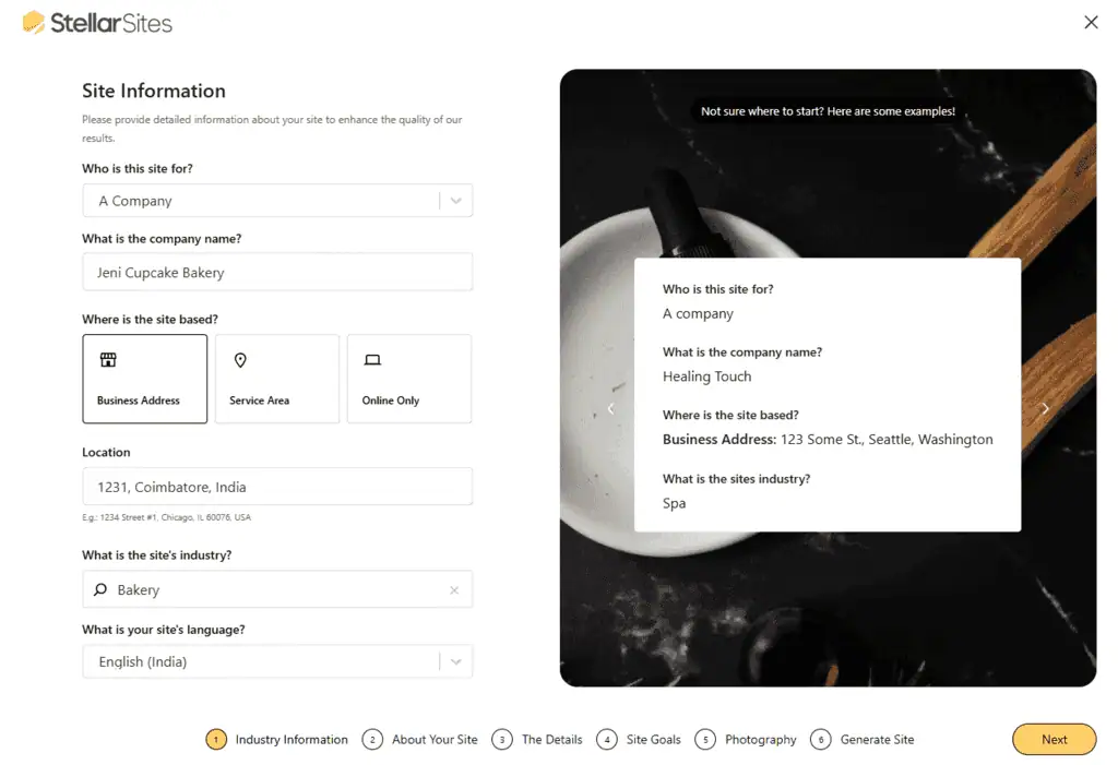 StellarSites business information setup screen in the AI wizard