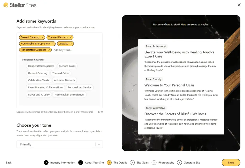 StellarSites keyword input step in the AI site wizard