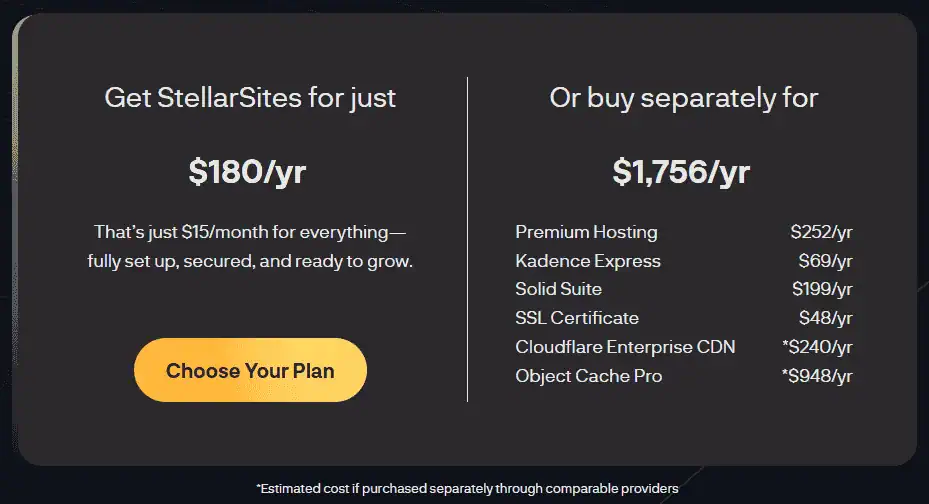 StellarSites pricing plans showing monthly and annual options