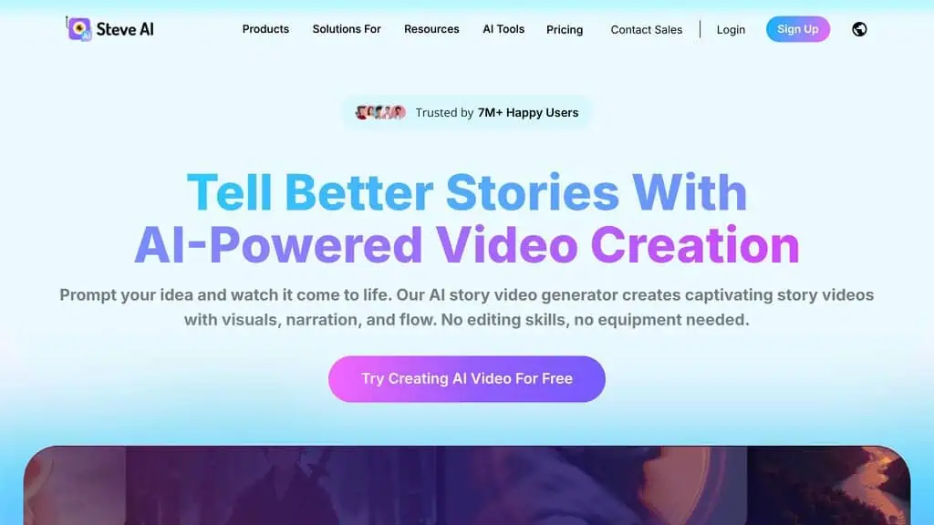 Steve AI homepage showing AI-powered video creation value proposition