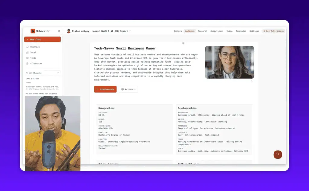 Subscribr audience persona showing tech-savvy small business owner demographic profile