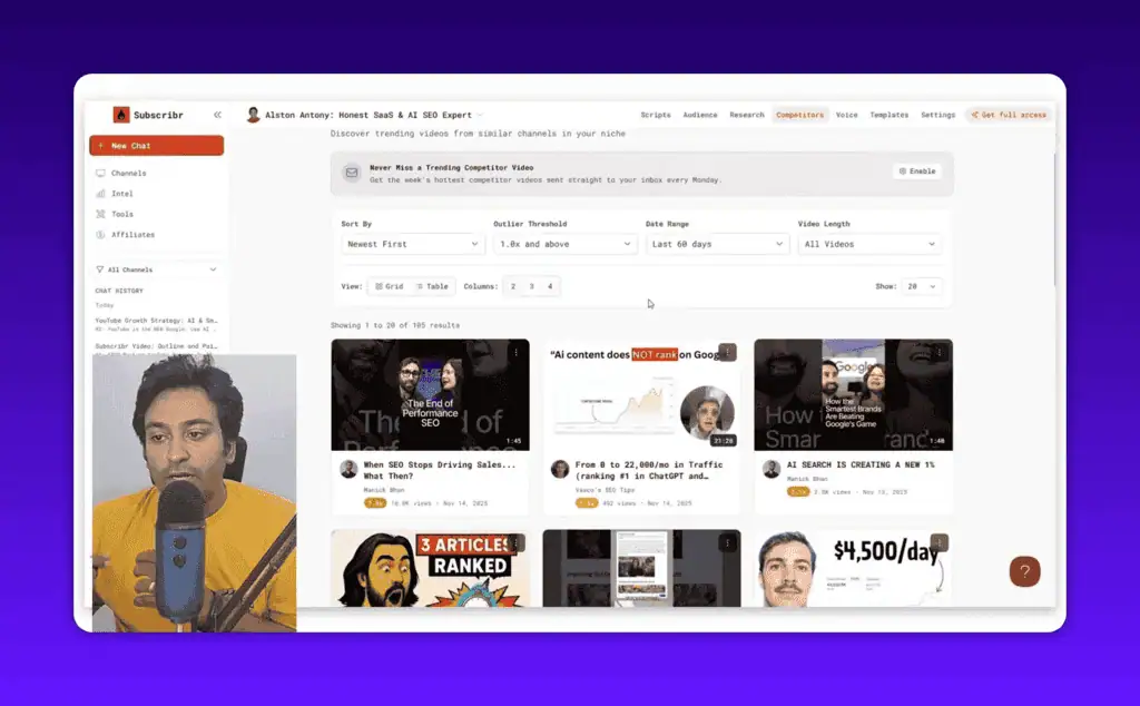 Subscribr competitor intelligence showing outlier videos and breakout channel analysis
